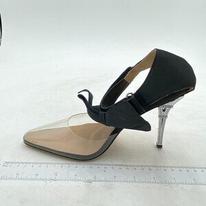 Black Women's Bow Ankle Strap Clear Pointed Toe Crystal Heel Pumps Wedding Shoe